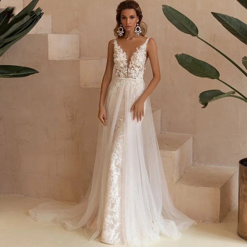 Sexy V-Neck Mermaid Wedding Dresses Lace Boho Backless Bride Gowns With Detachable Train Tulle Sleeveless Robe De Mariée