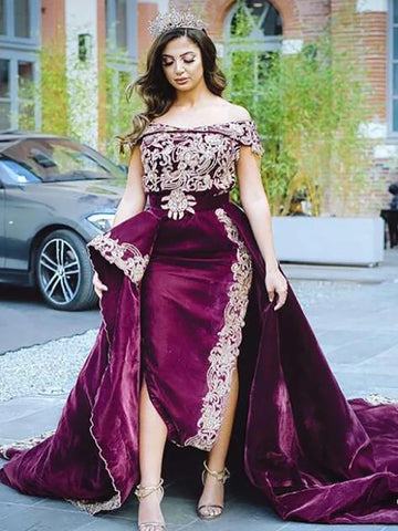 Caftan 2-Piece Outfit Evening Dress Off The Shoulder Algerian Special occasion Dresses Lace Evening Party Gowns Burgundy