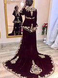 Burgundy Caftan Evening Dresses Velvet Elegant Karakou Algerian Prom Dresses Lace Evening Party Gowns Burgundy