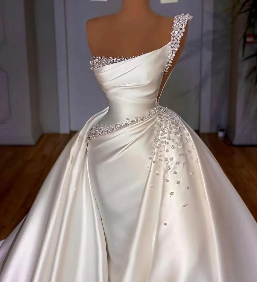 Luxury Detachable Train Mermaid Wedding Dresses For Woman Sexy Pearl Satin Formal Elegant Party Bridal Gowns Robe De Mariée