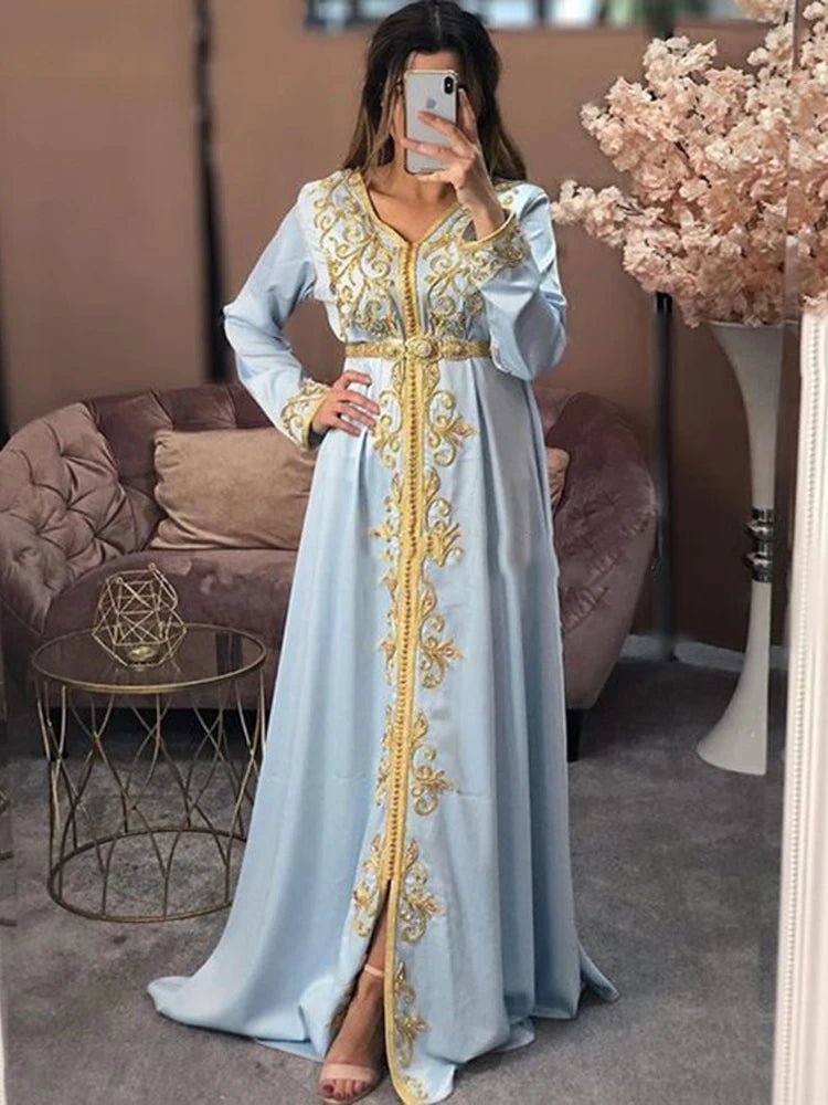 Sky Blue Moroccan Caftan Formal Evening Dress Long Sleeve Muslim Party Dress Gold Lace Dubai Special Occasion Dresses SKY blue