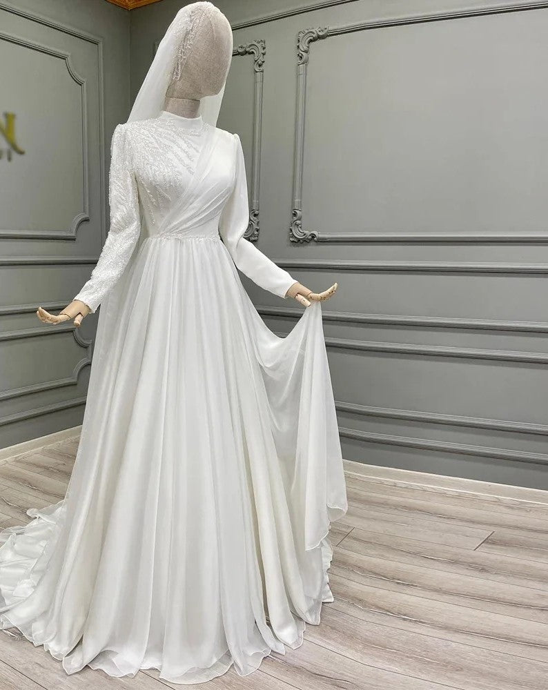 Elegant Long Sleeves Muslim Wedding Dress New High Neck A-Line Chiffon Beading Bridal Gown for Bride To Be Robe De Mariée