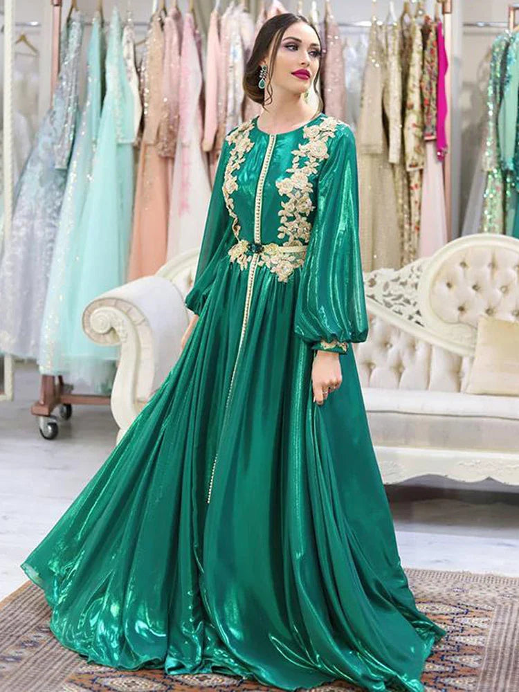 Emerald Green Moroccan Kaftan Evening Dresses for Women Formal Gold Lace Dubai Princess Prom Celebrity Party Gowns