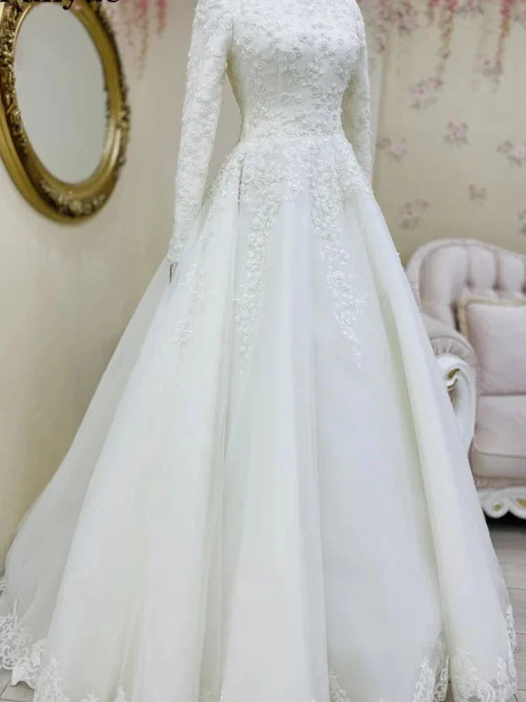 Long Sleeves Muslim Wedding Dresses Robe De Mariage Elegant Dubai Islamic Wedding Gowns Tulle White Lace Bride Dress Ivory