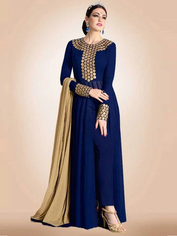 Moroccan Kaftan Evening Dresses Navy Blue Georgette Straight Cut Trouser Suit Dubai Arabic Women Formal Occasion Gowns Blue