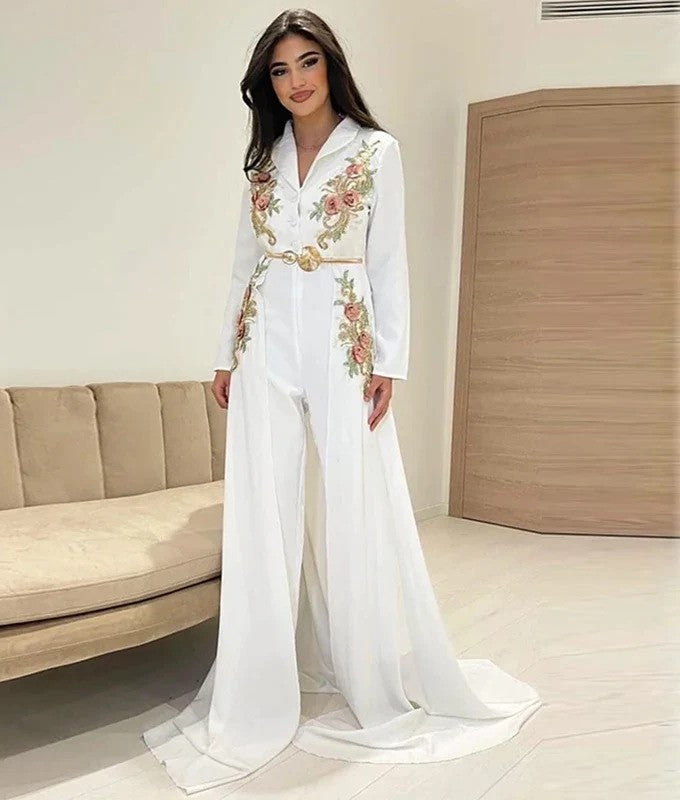 White Moroccan Caftan Long Sleeves Evening Dress Pantsuit Floral Lace Dubai Arabic Formal Prom Dress Robes De Soirée De Mariage