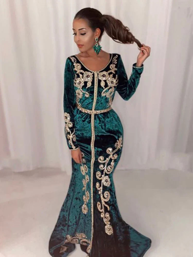 Caftan Hunter Green Mermaid Prom Dress Sexy V Neck Velvet Long Sleeve Gold Lace Evening Gowns Formal Party Dress Hunter Green