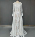 Factory Price 100 % Real Sample Photo Long Sleeve Backless O-Neck Lace Boho Bohemian Beach Wedding Dress Bridal Gown Dark Champagne