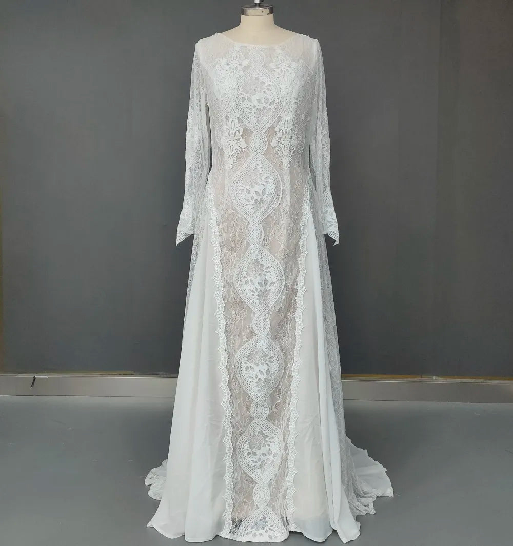 Factory Price 100 % Real Sample Photo Long Sleeve Backless O-Neck Lace Boho Bohemian Beach Wedding Dress Bridal Gown Dark Champagne