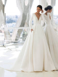 Elegant Satin Wedding Dresses Long Sleeve Princess Bride Dress Beads Pearls V Back Court Train Wedding Gowns Church Mariage