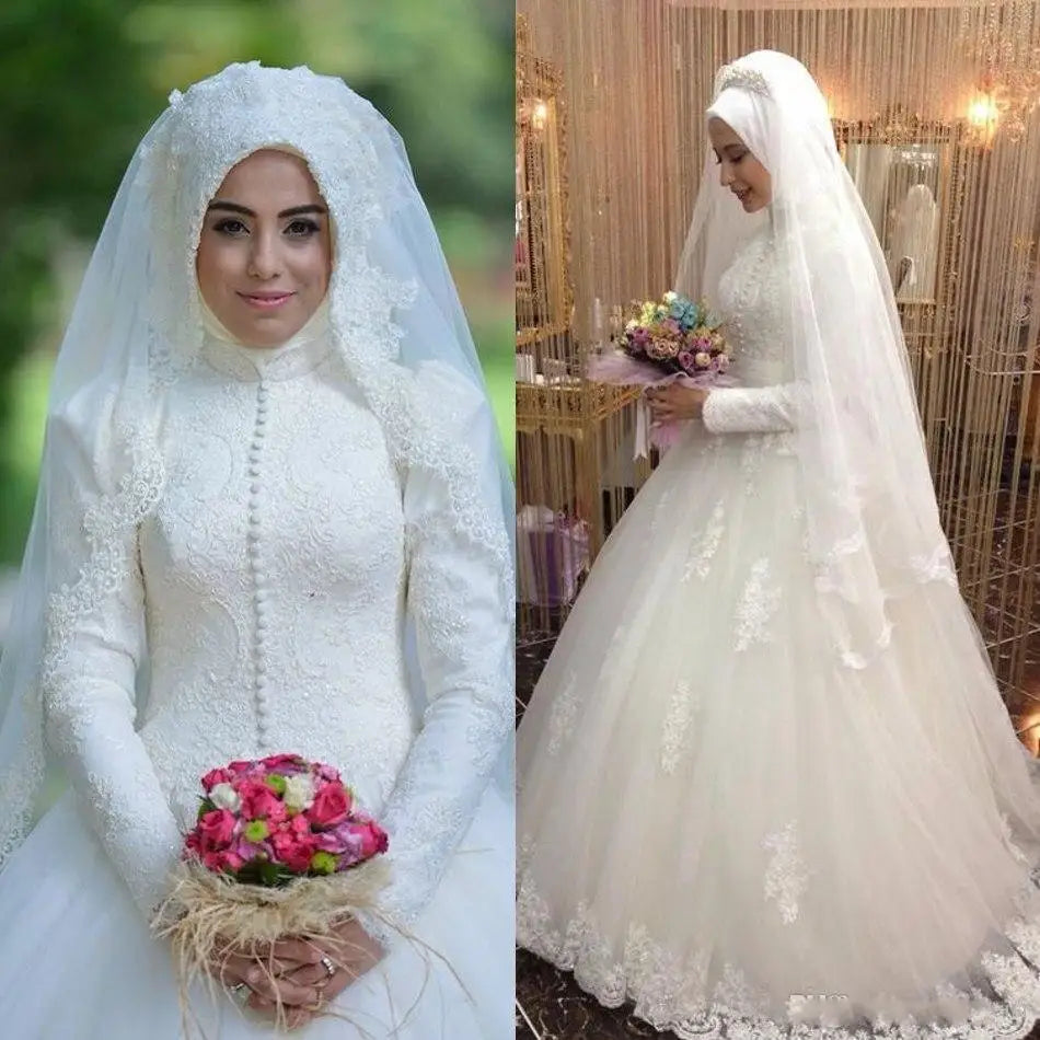 Arabic Bridal Gown Islamic Long Sleeve Muslim Wedding Dress Arab Ball Gown Lace Hijab Wedding Dress 2022 White