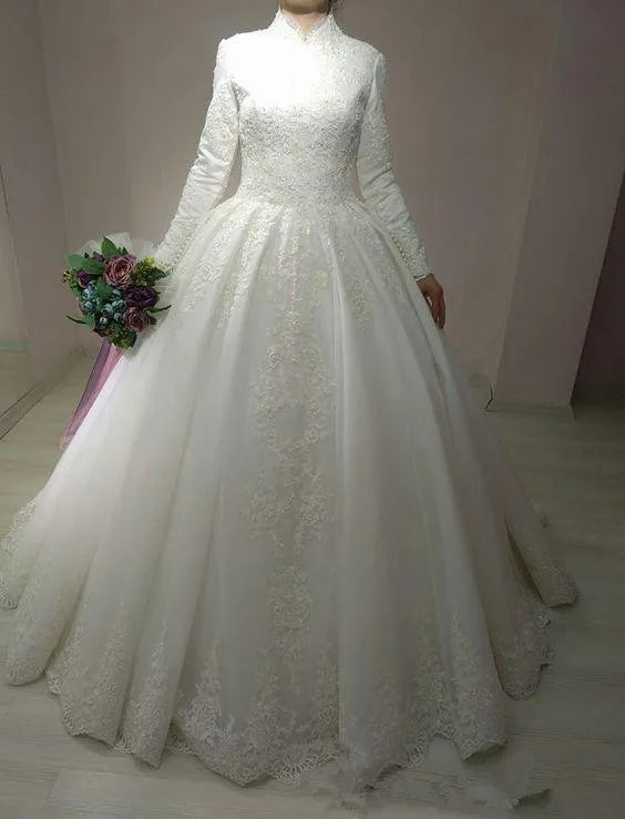 Robe De Mariage Arabic Bridal Gown Islamic Long Sleeve Arab Ball Gown Lace Muslim Wedding Dress 2023 White