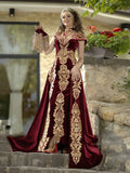 Moroccan Caftan Evening Dress Gold Appliques Lace Outfit Detachable Train Mermaid Velvet Arabic Prom Gowns Party Dress Burgundy