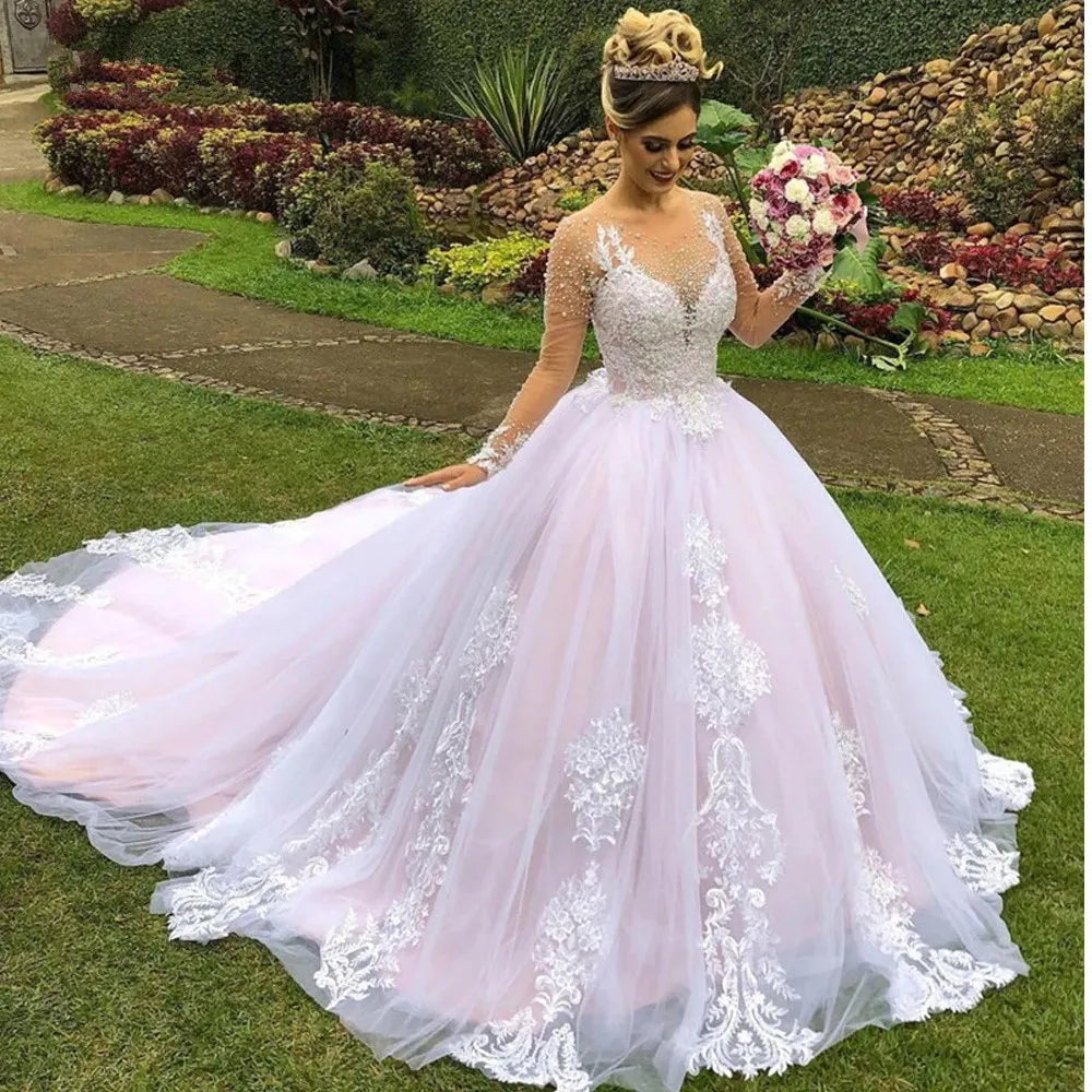 Princess Pink Wedding Dresses robe de mariage Lace Applique Pearls Sheer Neck Long Sleeves Garden Bridal Gowns 14W