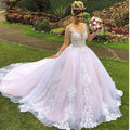 Princess Pink Wedding Dresses robe de mariage Lace Applique Pearls Sheer Neck Long Sleeves Garden Bridal Gowns 14W