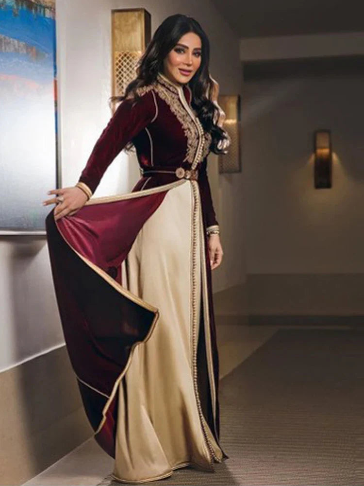 Charming Dubai Moroccan Kaftan Evening Gowns Burgundy Long Sleeves Gold Lace Appliques Prom Dresses Arabia Dress for Party