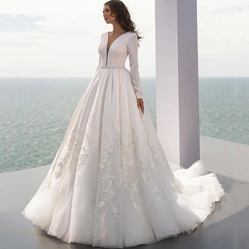 Vestido de Noiva Manga Longa White Long Sleeve Wedding Dress Lace Bride Dresses Ball Gown Princess Wedding Gowns V Neck