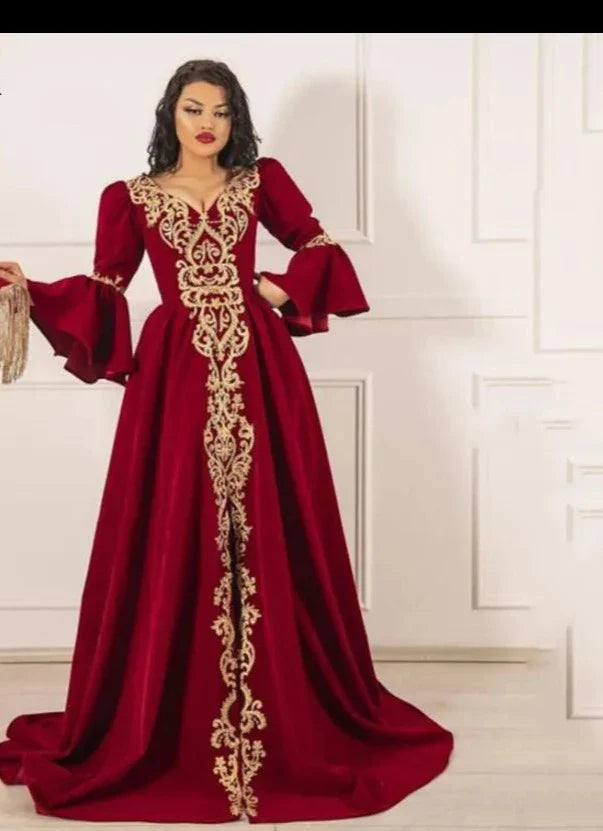 Red V Neck A Line Caftan Evening Dresses Flare Sleeve Gold Lace Prom Dress Front Split Formal Party Dress