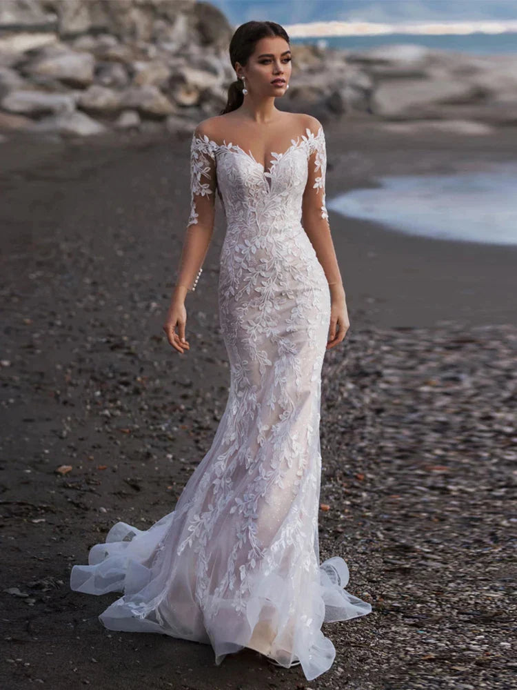 Beach Long Sleeves Mermaid Tulle Wedding Dress Elegant V-Neck Lace Appliques Illusion Back With Button Bridal Gown Custom Made Picture Color