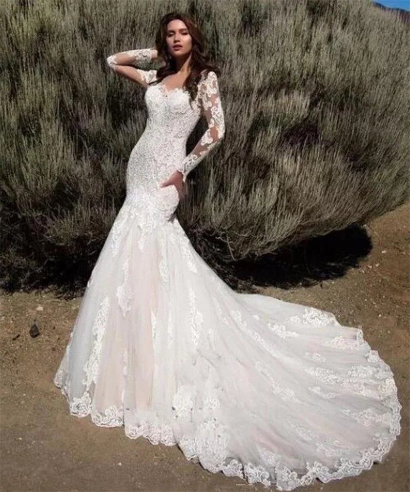 Sexy Sweetheart Mermaid Wedding Dress Full Long Sleeves Buttons Back Lace Applique Bride Gown Vestidos De Novia robe mariée Off White