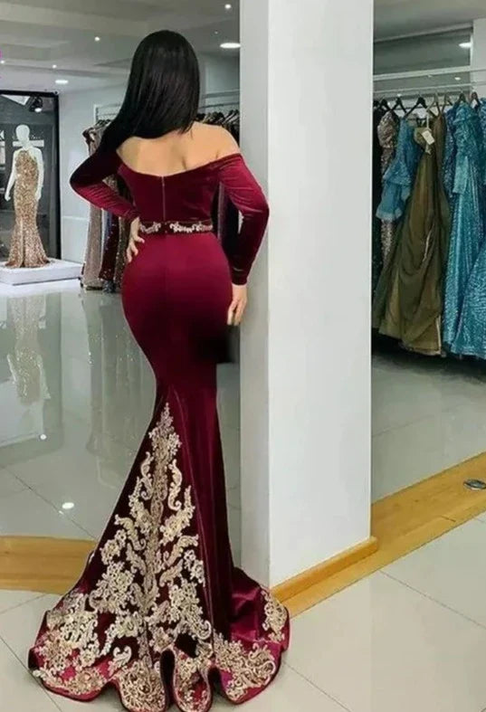 Red Wine Moroccan Kaftan Long Evening Dress Sexy Mermaid Dubai Formal Gowns Charming Gold Appliques Celebrity Dresses Plus Size