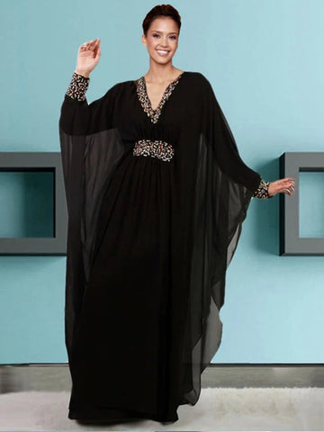 Beading Balck Evening Dresses Moroccan Caftan Dubai V-neck Long Sleeve Chiffon Kaftan Robe Prom Party Gowns Plus Size Black