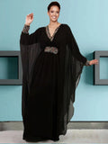 Beading Balck Evening Dresses Moroccan Caftan Dubai V-neck Long Sleeve Chiffon Kaftan Robe Prom Party Gowns Plus Size