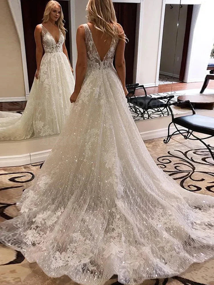 LORIE Ivory Lace Glitter Wedding Dresses Shiny Tulle Beach Bridal Dresses Boho Elegant Wedding Party Gowns Open Back Long Train