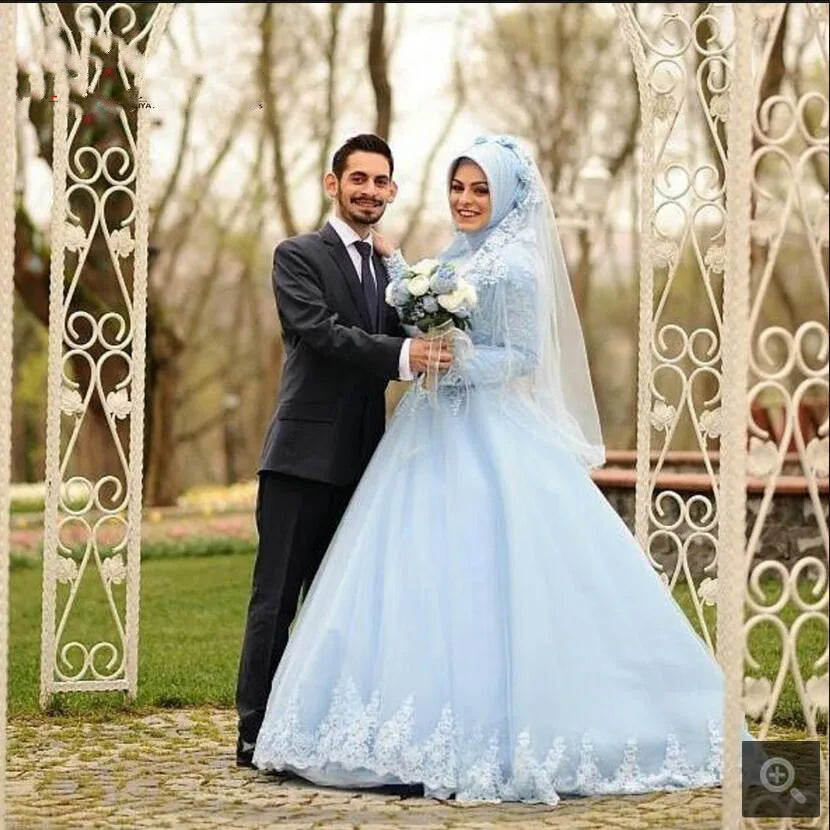 Robe De Soiree Arabic Muslim Long Sleeve High Neckline Wedding Dresses 2022 Ball Gown For Women Dress Including Veils and Scarf Ivory