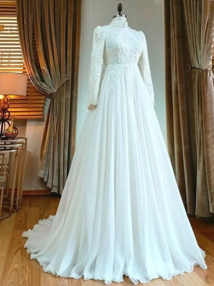 Long Sleeve Muslim Wedding Dresses For Woman Long Chiffon High Neck Bridal Gowns Moroccan Caftan Robe de Mariage Ivory