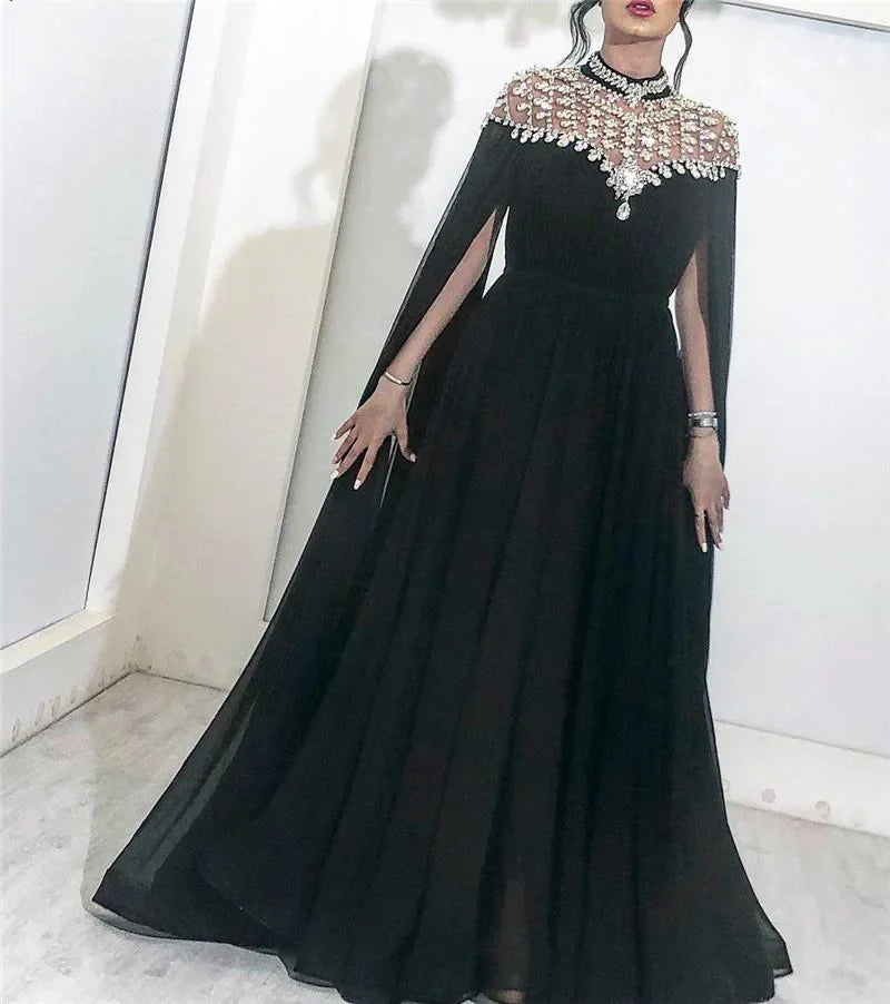 Dubai Kftan Muslim Evening Dresses High Neck Caped Crystals Chiffon Saudi Arabic Formal Evening Gown Long Prom Dress