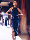 Navy Blue Karakou Algerian Caftan Mermaid Evening Dresses Sleeveless Gold Lace Prom Dress Halter Morocco Party Gowns navy Blue