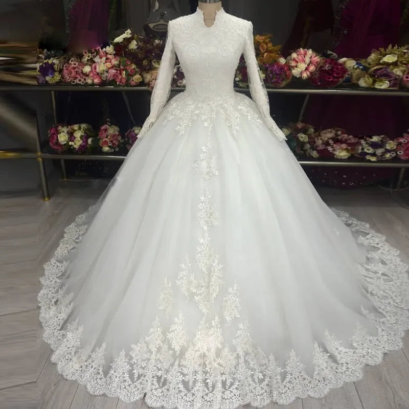 Vestido De Noiva Plus SIze High Neck Lace Applique Ball Gown Wedding Gowns 2023 Long Sleeve Muslim Wedding Dresses for Women