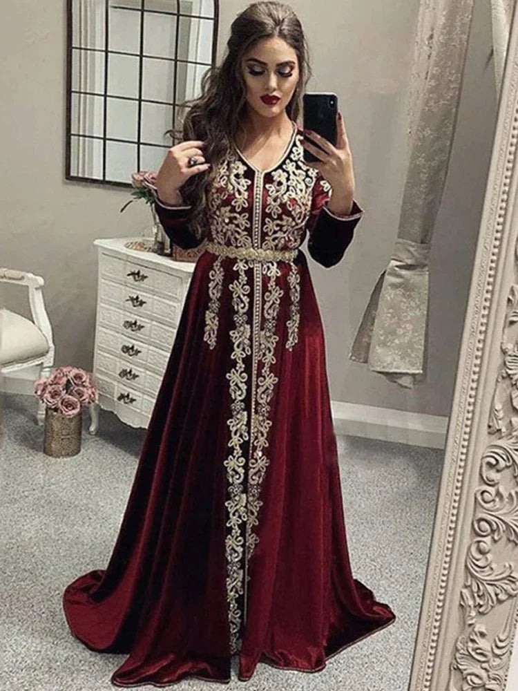 Lace Burgundy Moroccan caftan Evening Dresses V Neck Crystal Algeria Arabic Muslim Special Occasion Dresses Party Gowns Burgundy