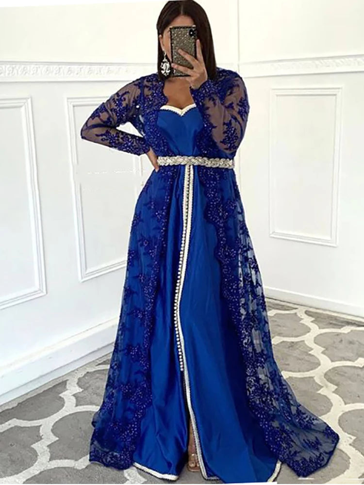 2 Piece Caftan Evening Dresses Lace A Line Arabic Dubai Party Gowns Longo Muslim Prom Gown Plue Size royal Blue