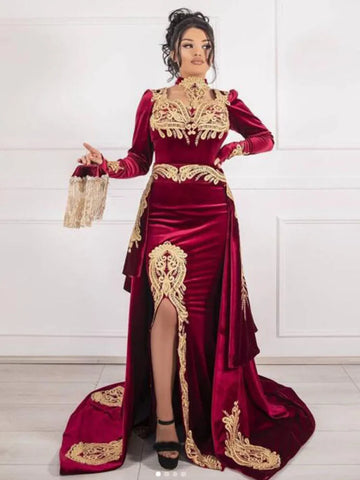 Velvet Long Sleeve Caftan Evening Dresses With Detachable Train Mermaid Prom Dress Evening Lace Formal Party Dress Burgundy