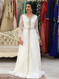 White Moroccan Kaftan Wedding Evening Dresses with Lace Beading V-neck Long Sleeve Special Occasion Gowns Custom Made