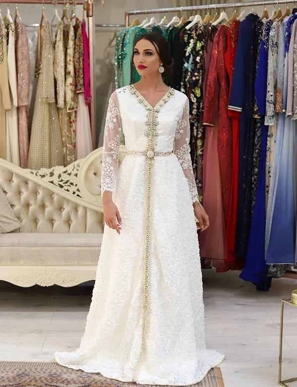 White Moroccan Kaftan Wedding Evening Dresses with Lace Beading V-neck Long Sleeve Special Occasion Gowns Custom Made WHITE