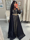 Black Moroccan Kaftan Evening Dresses Formal Appliques Beading Long Muslim Full Sleeve Arabic Prom Party Gowns for Women Black