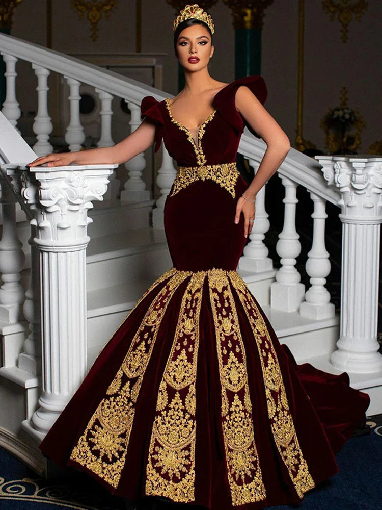 Sexy V Neck Burgundy Mermaid Morocco Caftan Evening Party Dress Gold Lace Velvet Prom Gowns Traditional Women Dresses DARK BURGUNDY