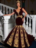 Sexy V Neck Burgundy Mermaid Morocco Caftan Evening Party Dress Gold Lace Velvet Prom Gowns Traditional Women Dresses DARK BURGUNDY