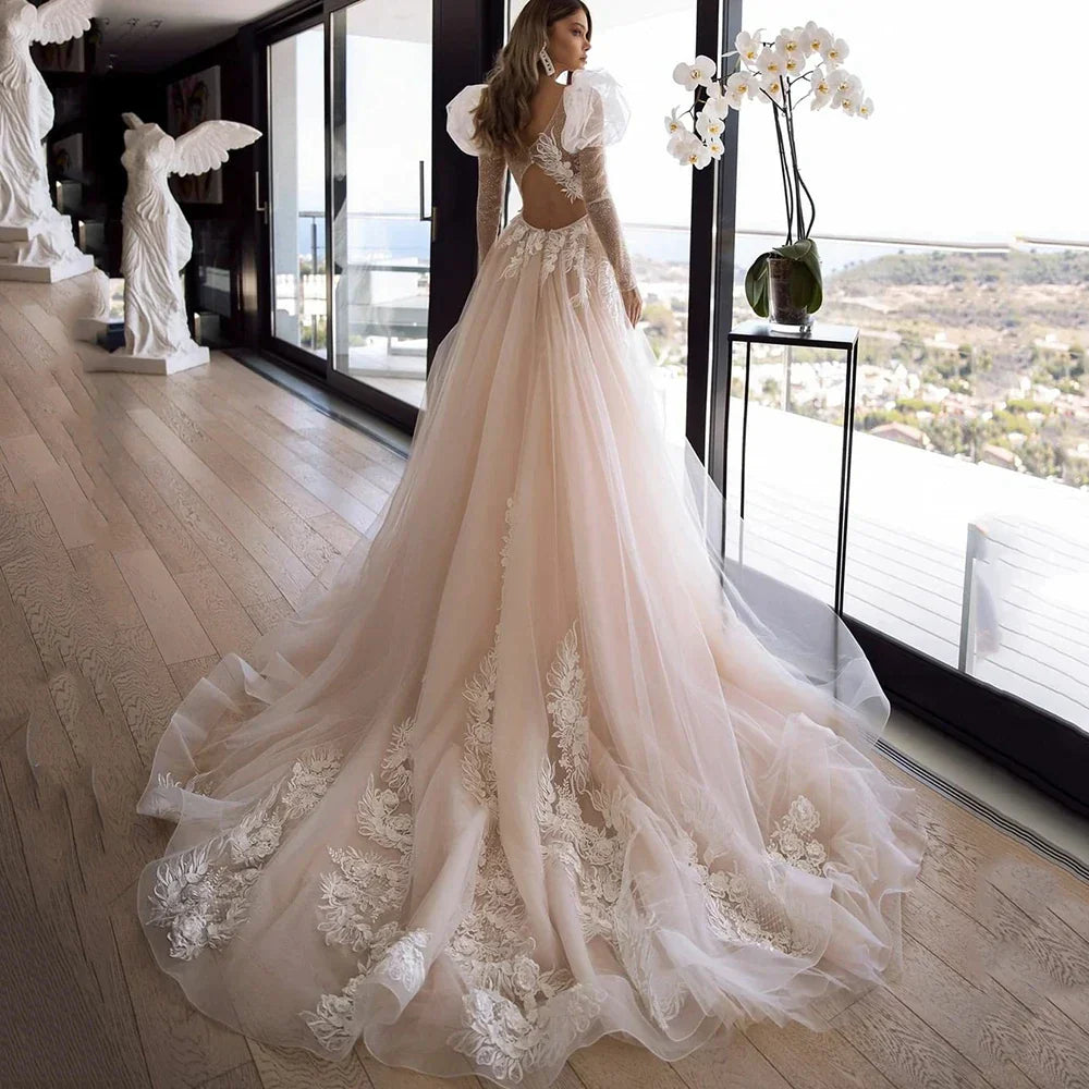 Chic Champagne Princess Lace and Tulle Modern Wedding Dresses Sweetheart Long Puffy Sleeves Glitter Bride Gowns Plus Size