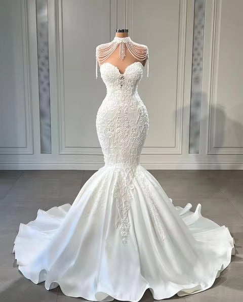 Princess Tassels Sheer Neck Bridal Gowns High Mermaid Wedding Dress Custom Made Sleeveless Lace Appliques Vestido de novia