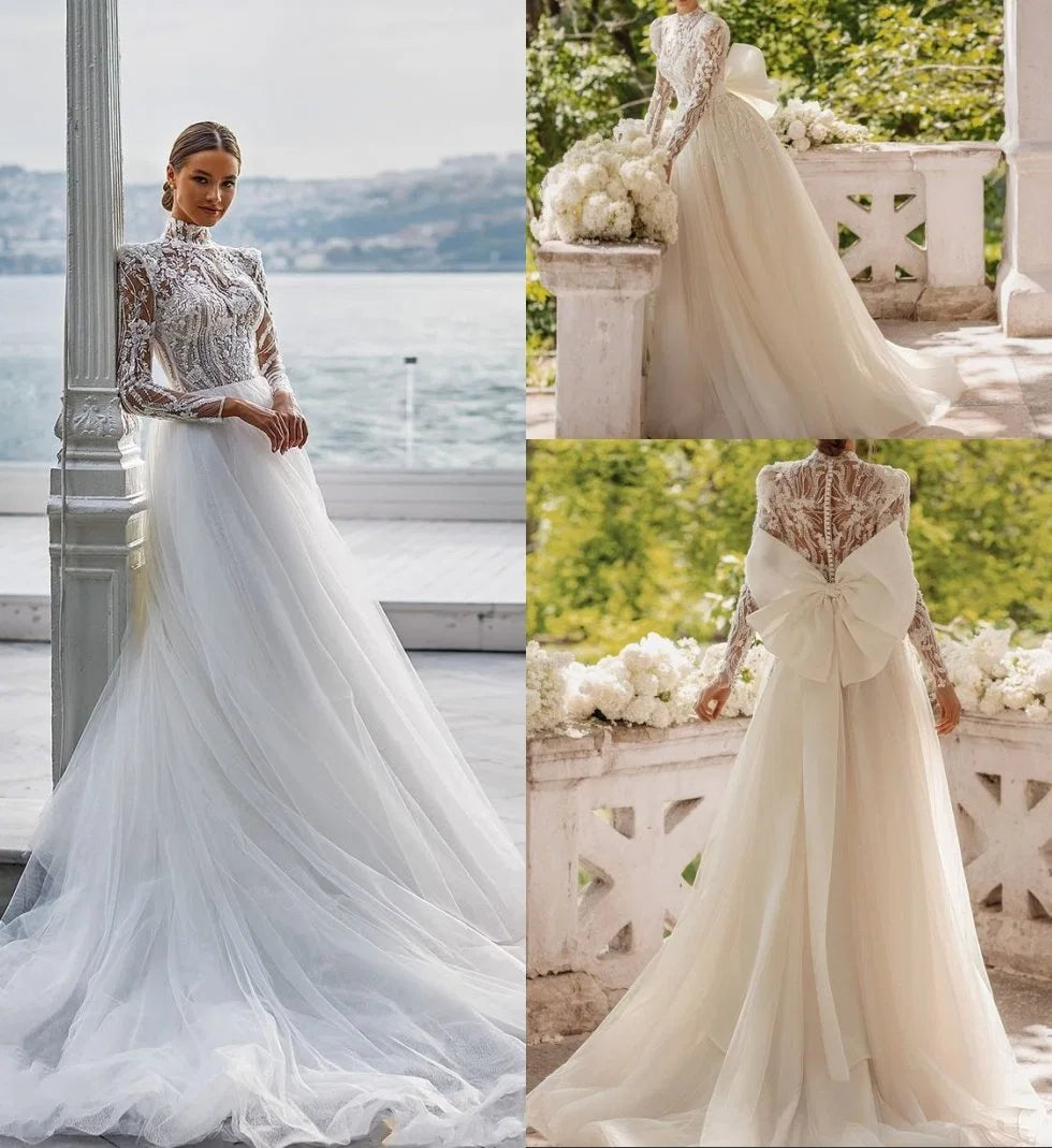 Bohemia Wedding Dresses Vintage Tulle Bridal Gowns Lace Appliques Long Sleeves High Neck A-Line Robe Vestidos De Novia