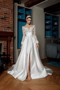 3D Lace Embroidery A Line Wedding Dress Long Illusion Sleeves Satin Skirt Front Slit Bridal Gown Sheer Neck Bride Dress