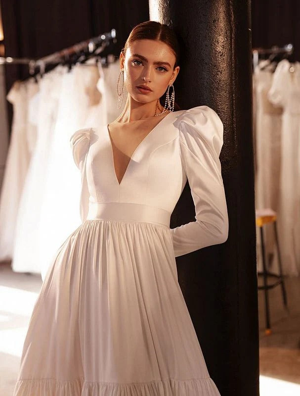 Chic Wedding Dress With Long Sleeves Elegant V Neck Satin Bridal Gown Vestidos De Novia Court Train Bride Dresses