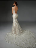 Indicate Lace Mermaid Wedding Dress Illusion Side Waistline Sexy Backless Court Train Women Bridal Gown Bride Dresses