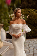 A-Line Backless New Wedding Dresses For Women Sexy Mermaid Off Shoulder Fluffy Long Sleeves Simple Slimming Mopping Bride Gowns