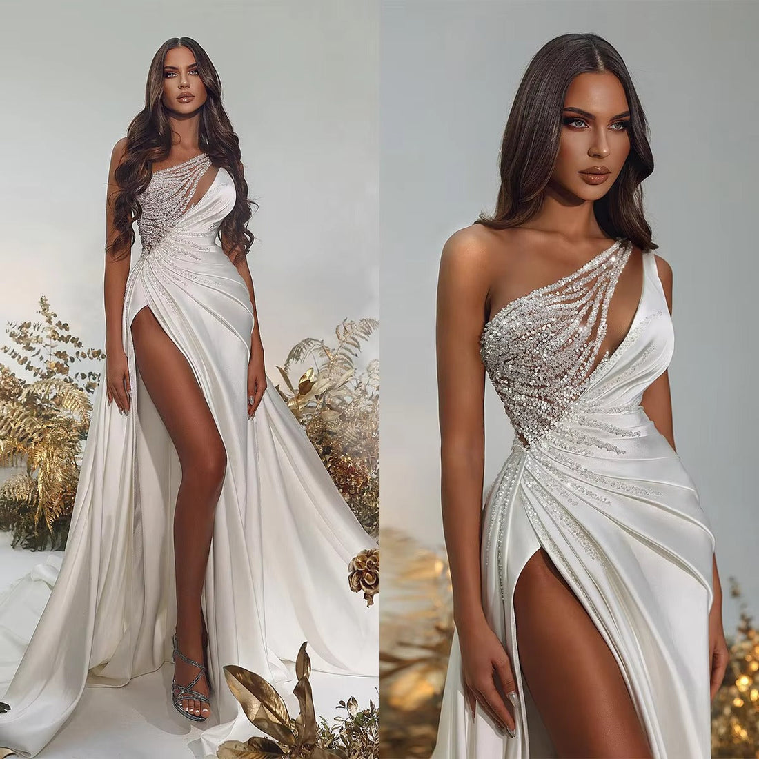 Simple Sequined Wedding Dresses Sexy High Side Slit One Shoulder Ball Gowns Smooth Pleat Satin Sweep Train Formal Bridal Party