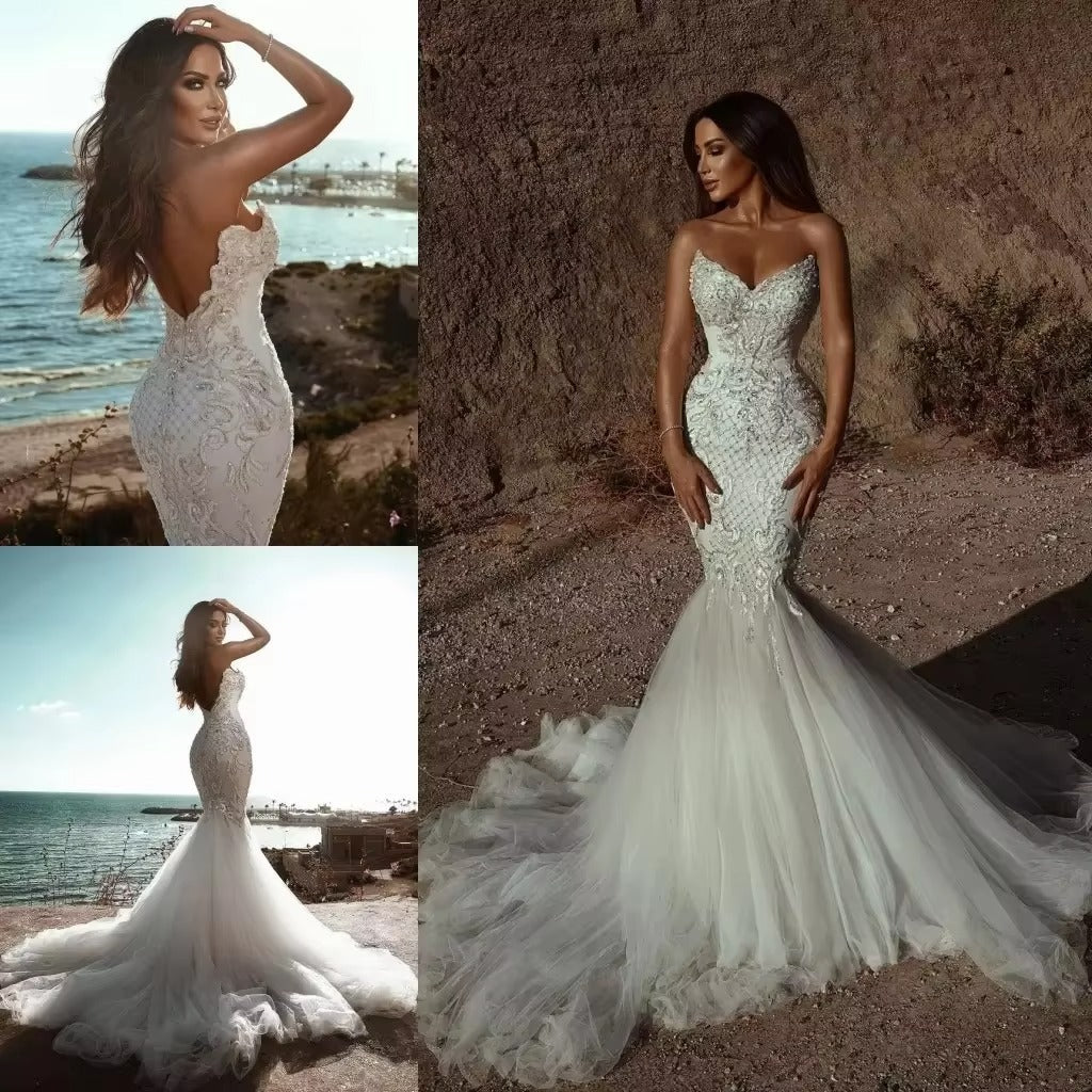 Luxury Sweetheart Mermaid Long Wedding Dress Boho Applique Lace Beaded Women Marriage Bridal Gowns Plus Size Vestido De Novia